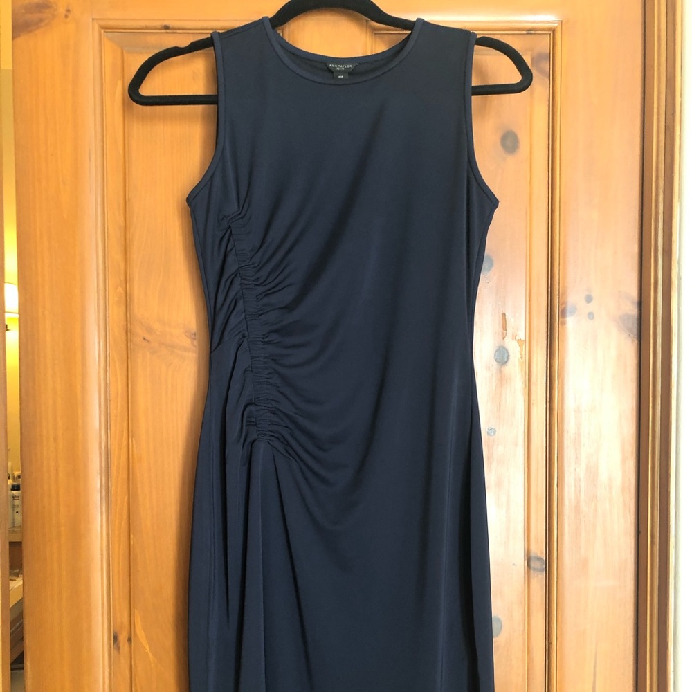 Never worn Ann Taylor navy shirred dress